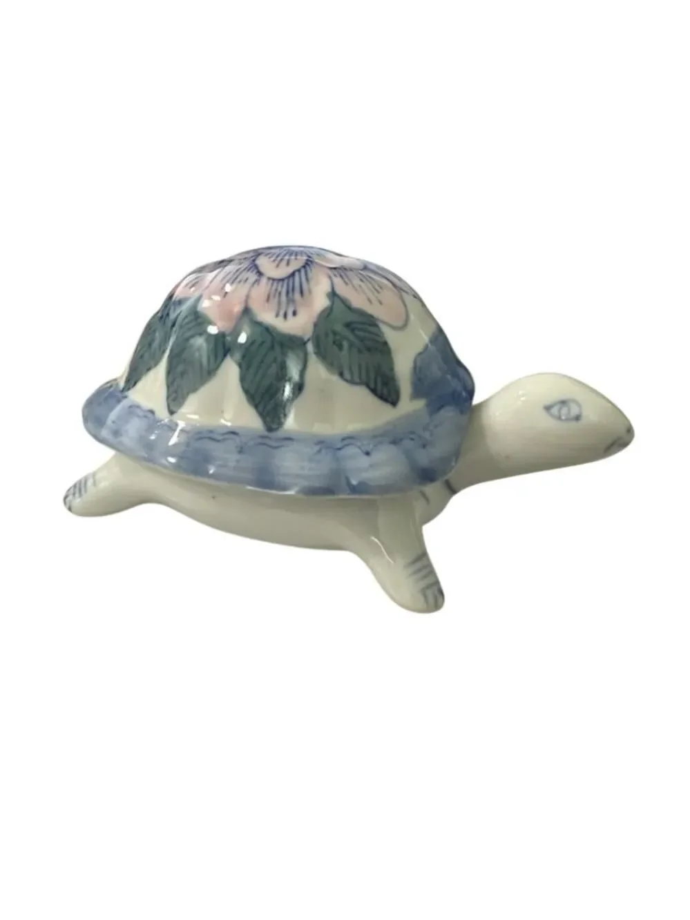 Vintage Ceramic Turtle Trinket Jewelery Box Lidded Pink Blue Flower 6